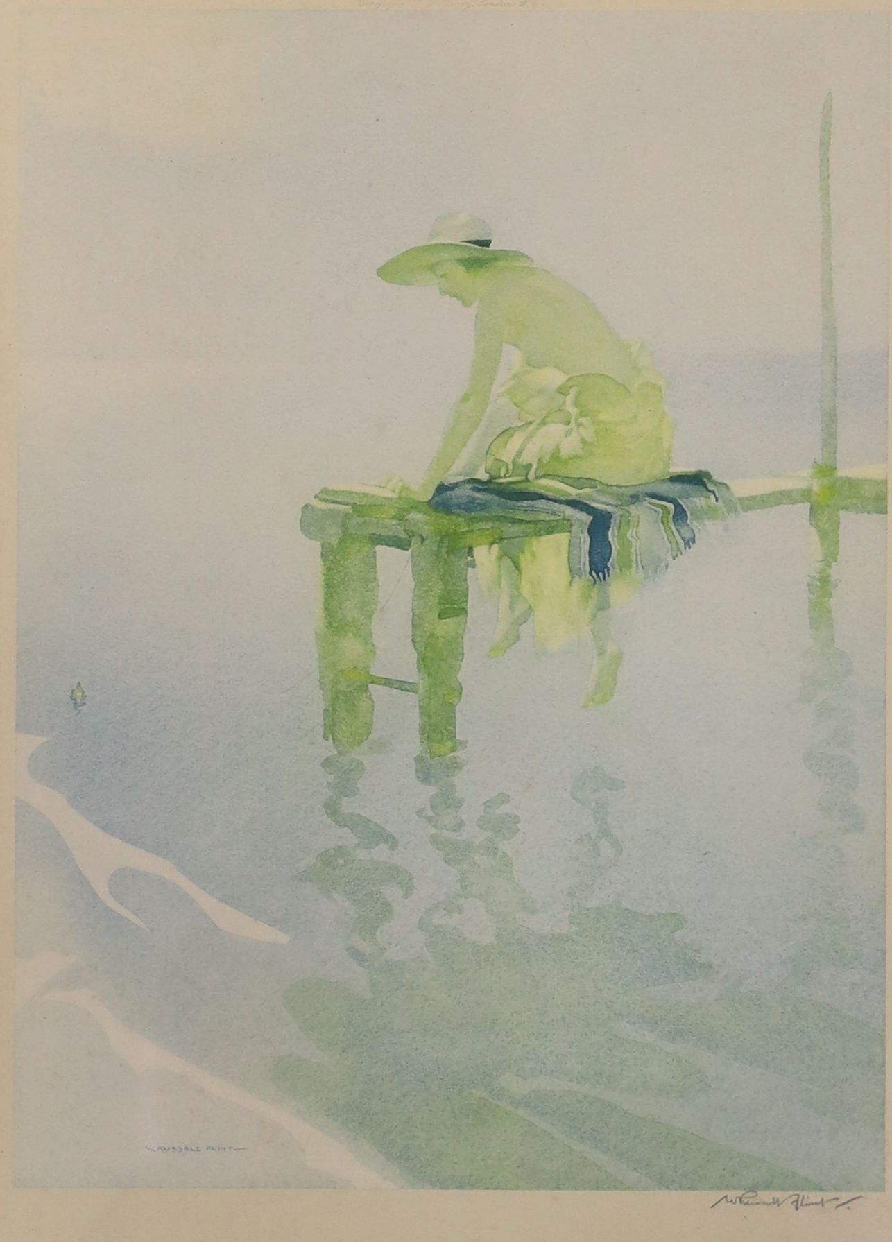 Sir William Russell Flint (1880-1969), colour collotype, 'Clarissa Fishing 1931', signed in pencil, blind stamped, from the edition of 310, 36 x 25cm